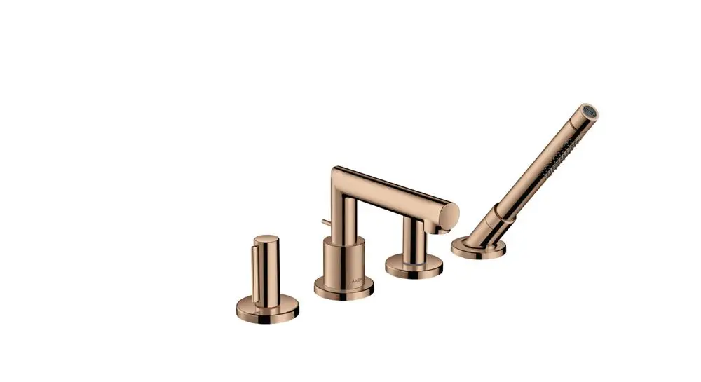 Wannenrandarmatur in Polished Red Gold von AXOR mit vier separate Bedienelementen und einer flexiblen Handbrause.